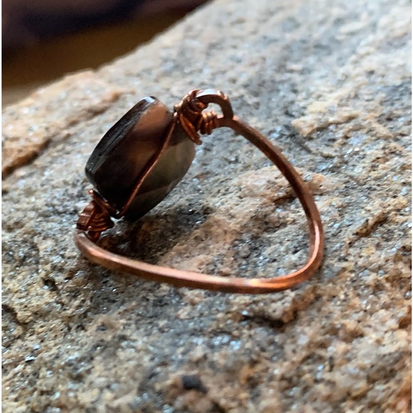 Copper Wire Wrapped Artesian Ring Dark Stone Fiery Colors Woman’s Jewelry - Picture 4 of 10